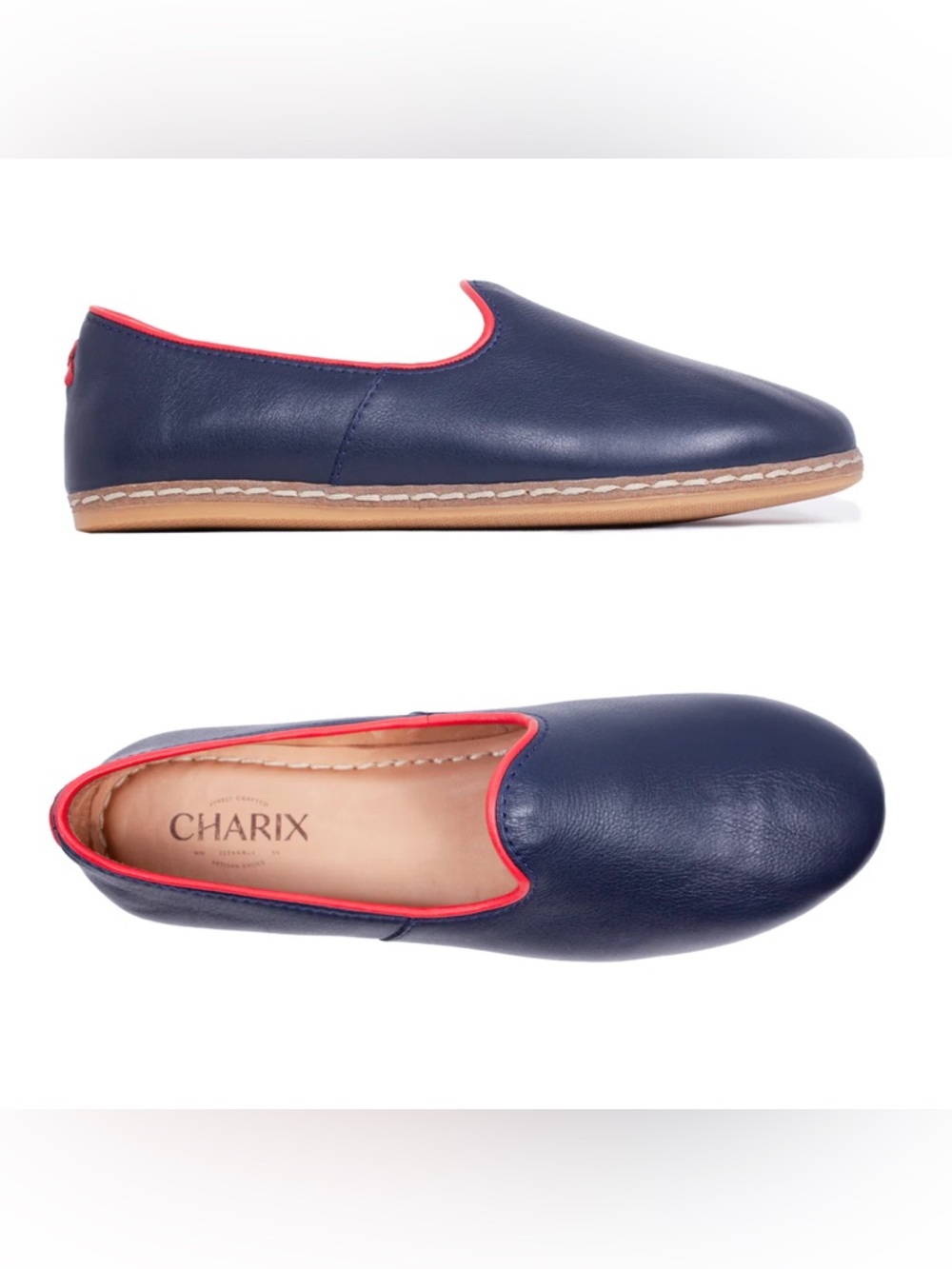 Charix Navy Leather Slip-On Loafers with Red Trim